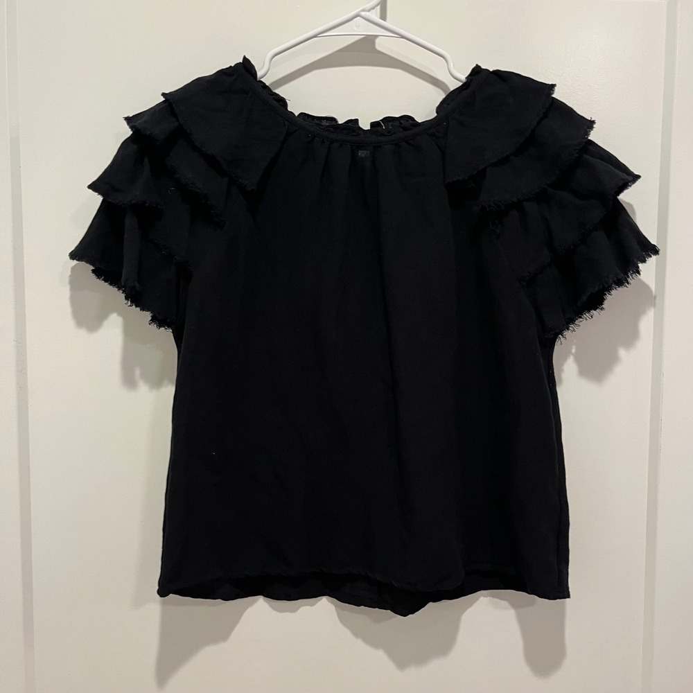 Mo:vint New York Black Ruffle Tiered Sleeve Blouse Top Medium 356-00637